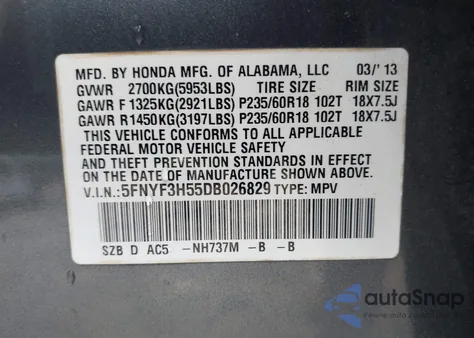 2013 Honda Pilot Ex-L from USA, damaged, VIN 5FNYF3H55DB026829